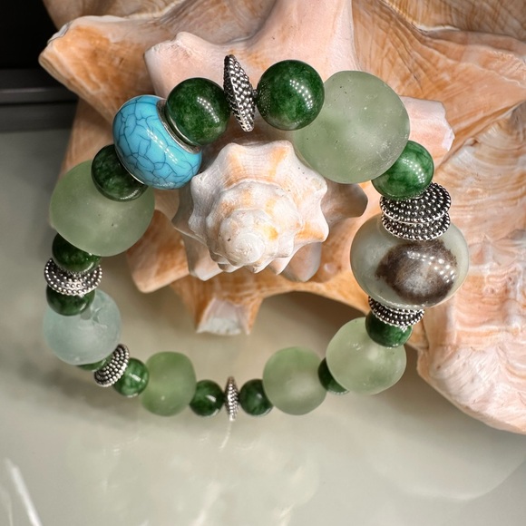GAMBLER AMAZONITE + SEA GLASS STONES NATURAL BRACELET size 7” - Picture 2 of 15